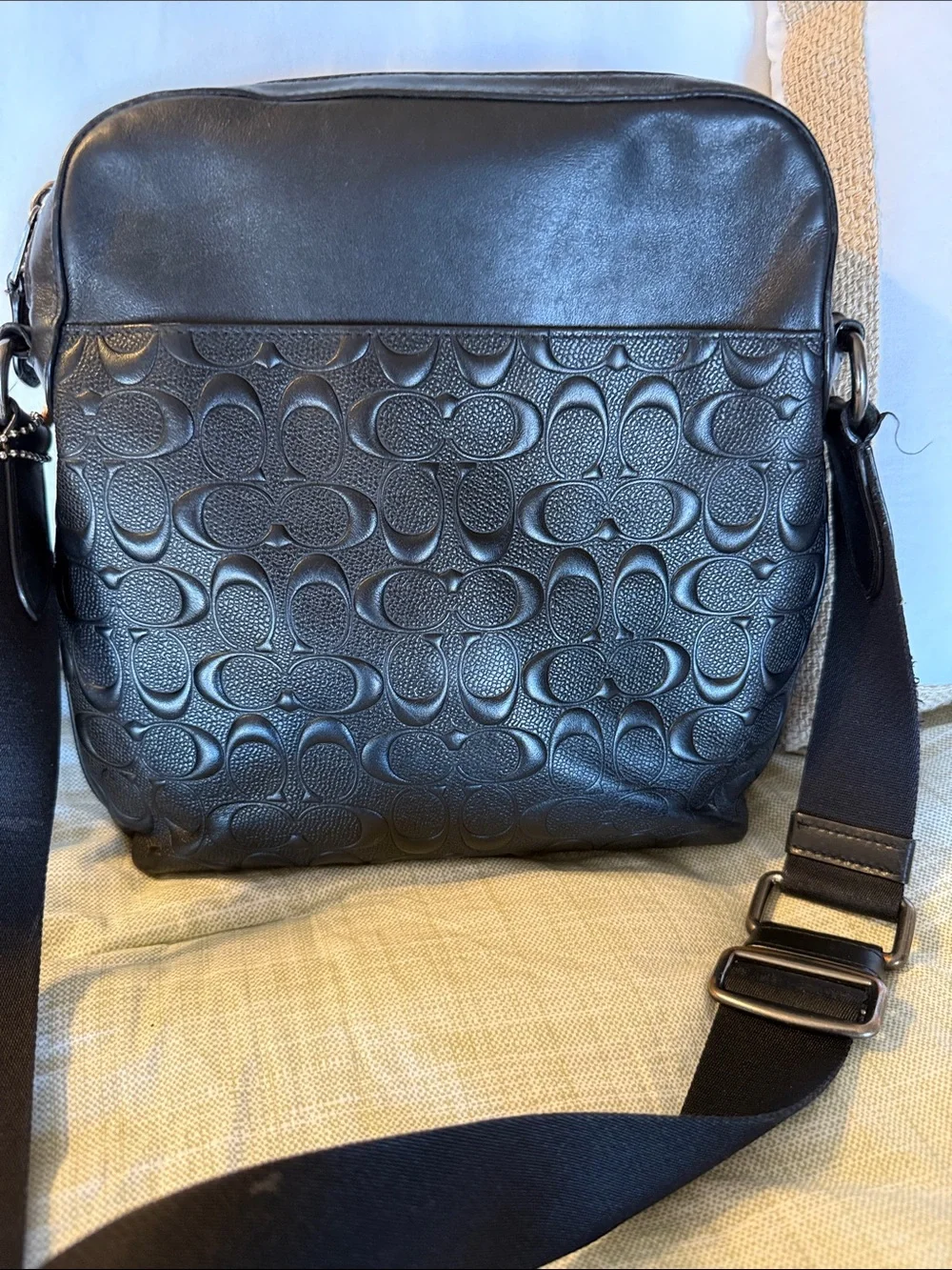 Coach Black Signature Embossed Leather Messenger and Crossbody Set